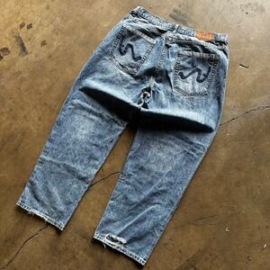 Echo Unlimited Mens Blue Denim Relaxed Wide Leg Jeans Embroidered Size 40x32